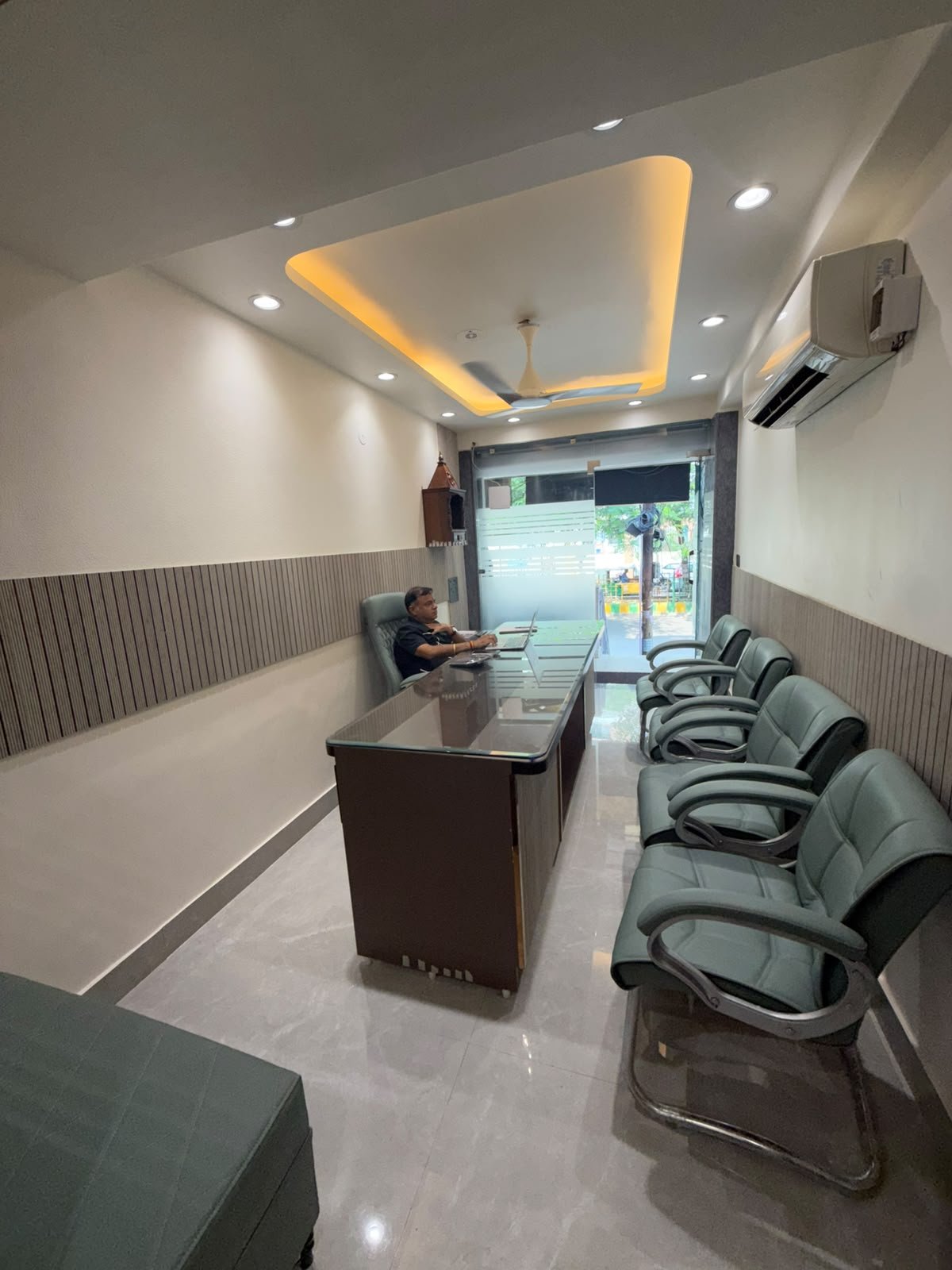 Office workspace with seating area